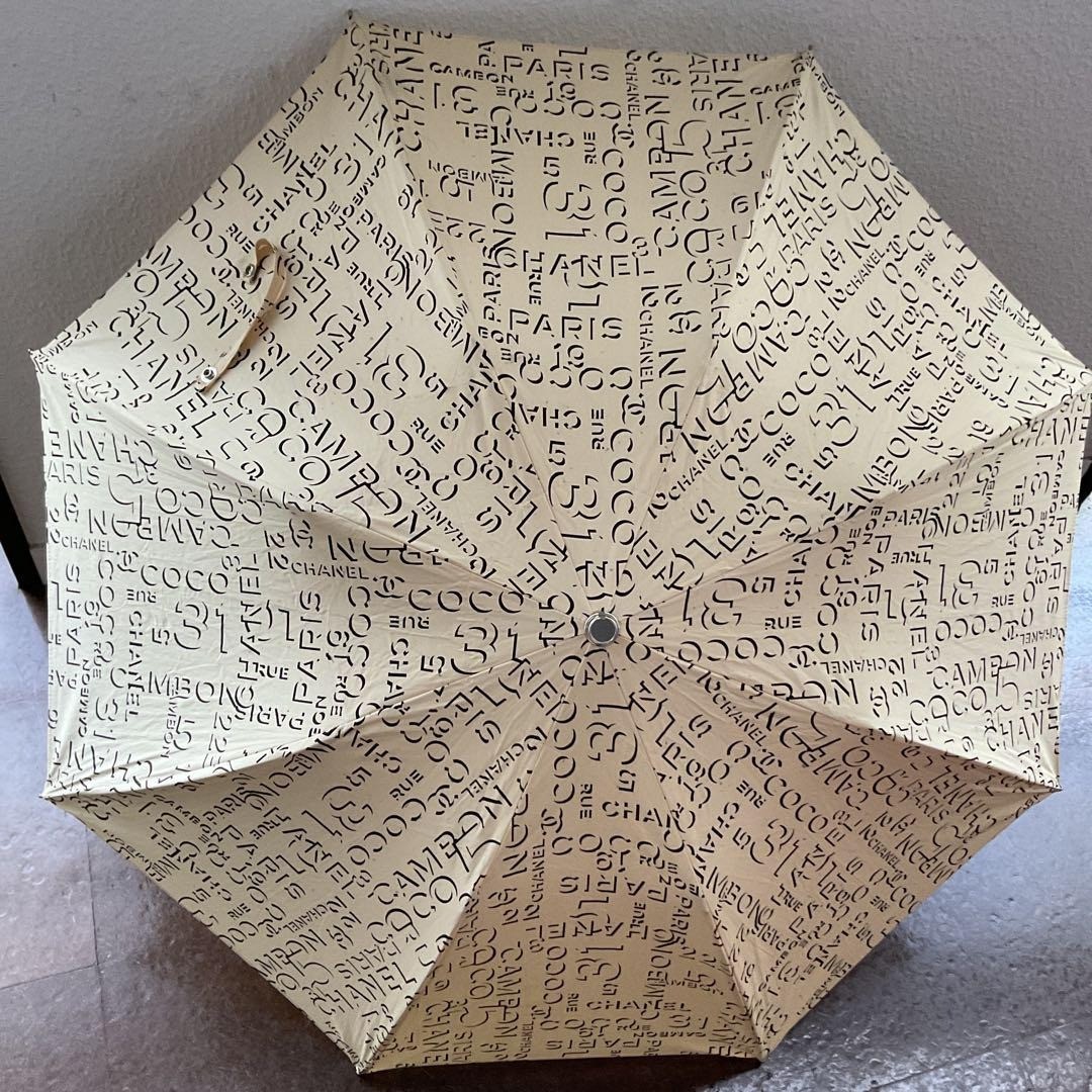 Chanel Sunshade Umbrella Beige Logo Pattern Foldable Beige USED Auth #S2562