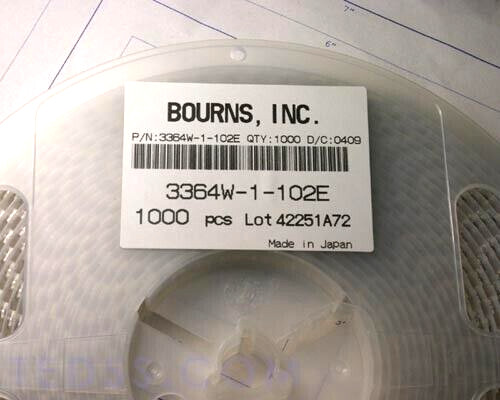 Reel of 1000 3364W-1-102E Bourns Resistor Trimmer, Cermet, 5 kOhm 25% 1 turn