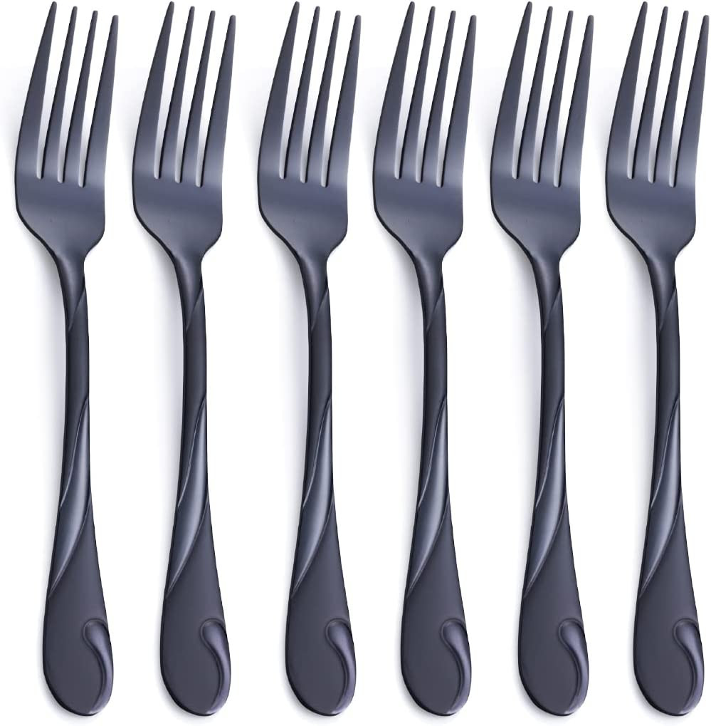 Black Salad Fork Set, 6.9-Inch Stainless Steel Shiny Metal Dessert Fork,Set of 6