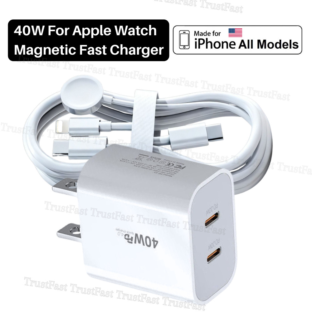 For Apple Watch Series 11 10 9 8 7 6 iPhone USB C Magnetic Cord 40W Fast Charger