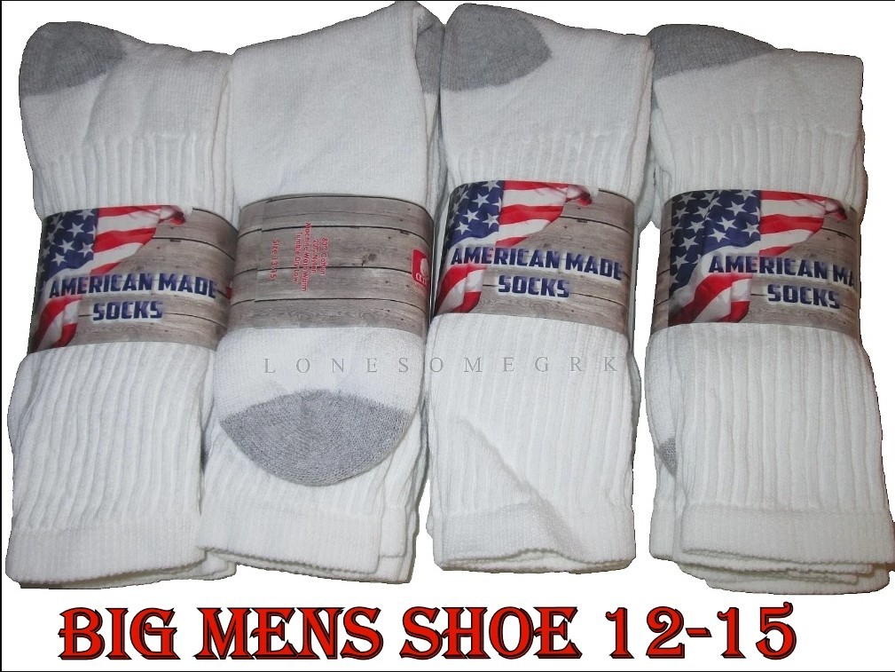 12 Pairs BIG Mens Shoe 12-15 Cotton Crew Athletic Socks USA Made  FREE SHIP