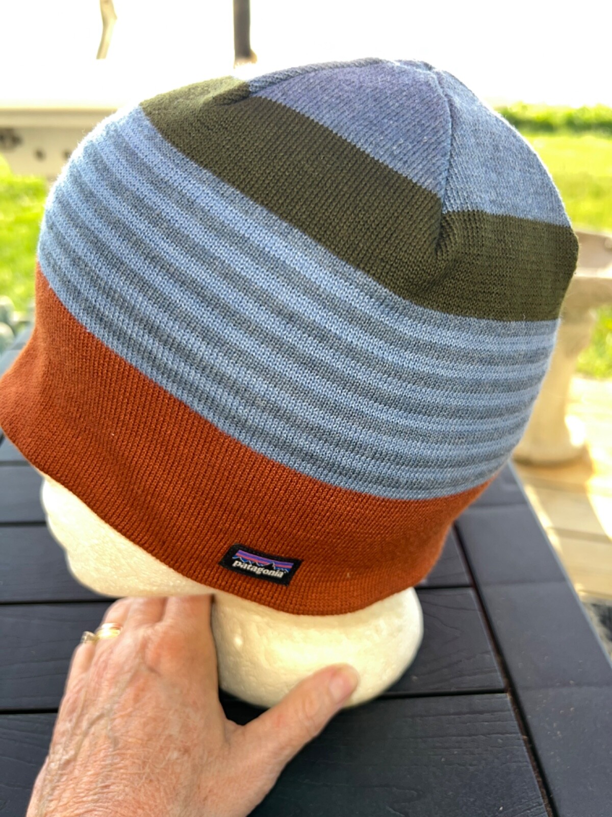 Patagonia Stocking Hat Rust Blue Green Gray solid stripes OSFA EUC