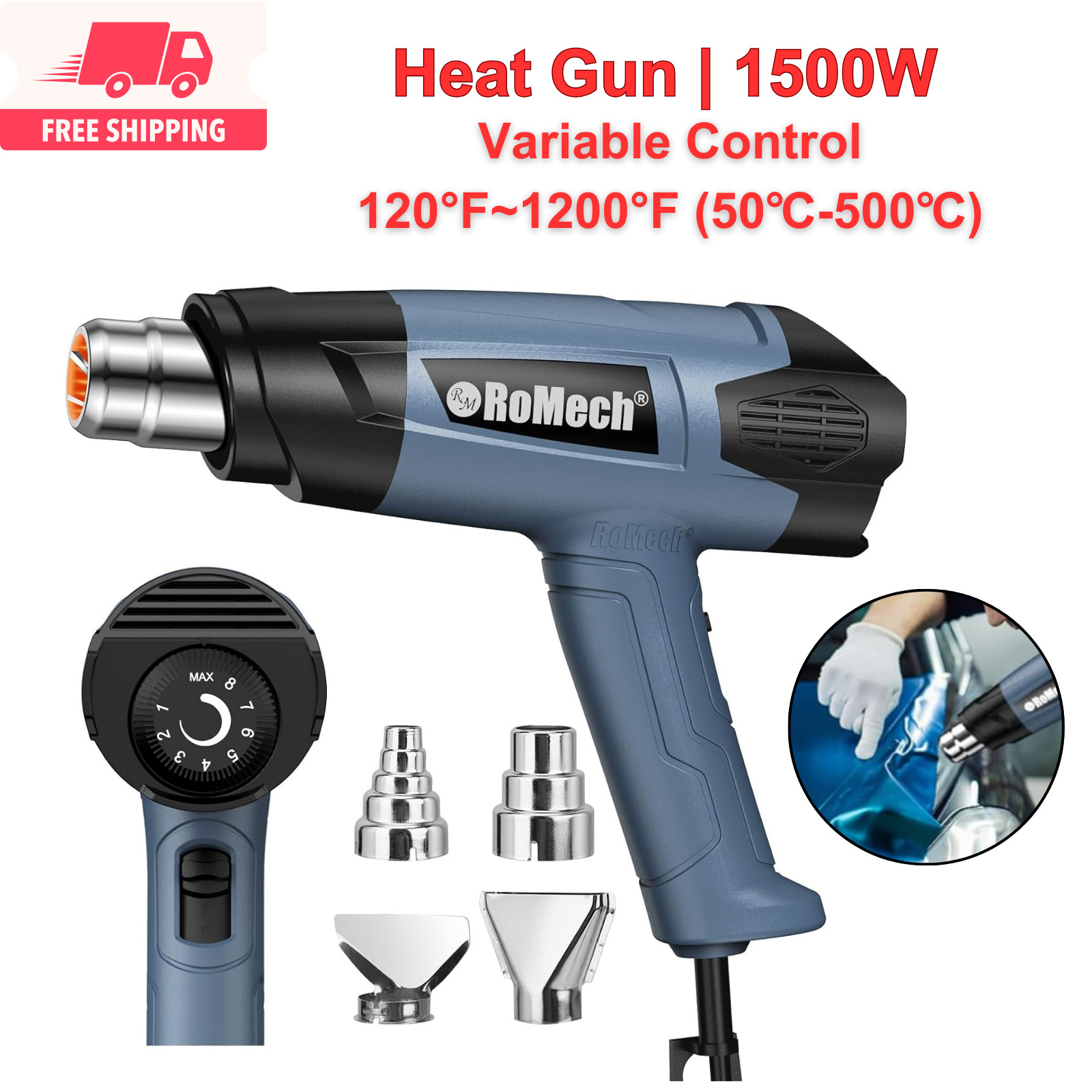 Heat Gun Heavy Duty Hot Air Adjustable Temperature 4 Nozzles Tool 120°F~1200°F