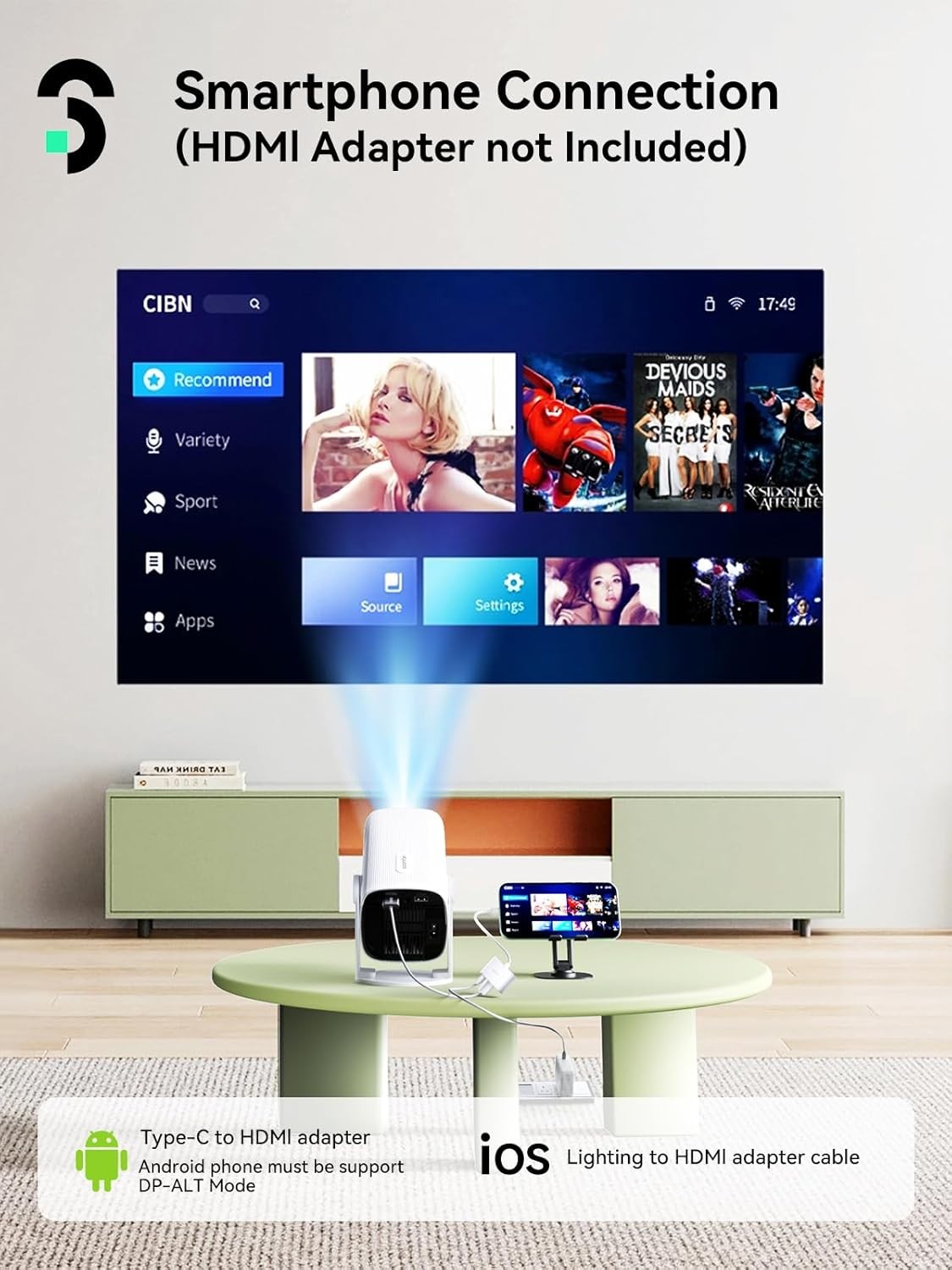 SOOMFON Mini Projector 1080P Support Bluetooth 5.1 Auto Keystone Electric Focus