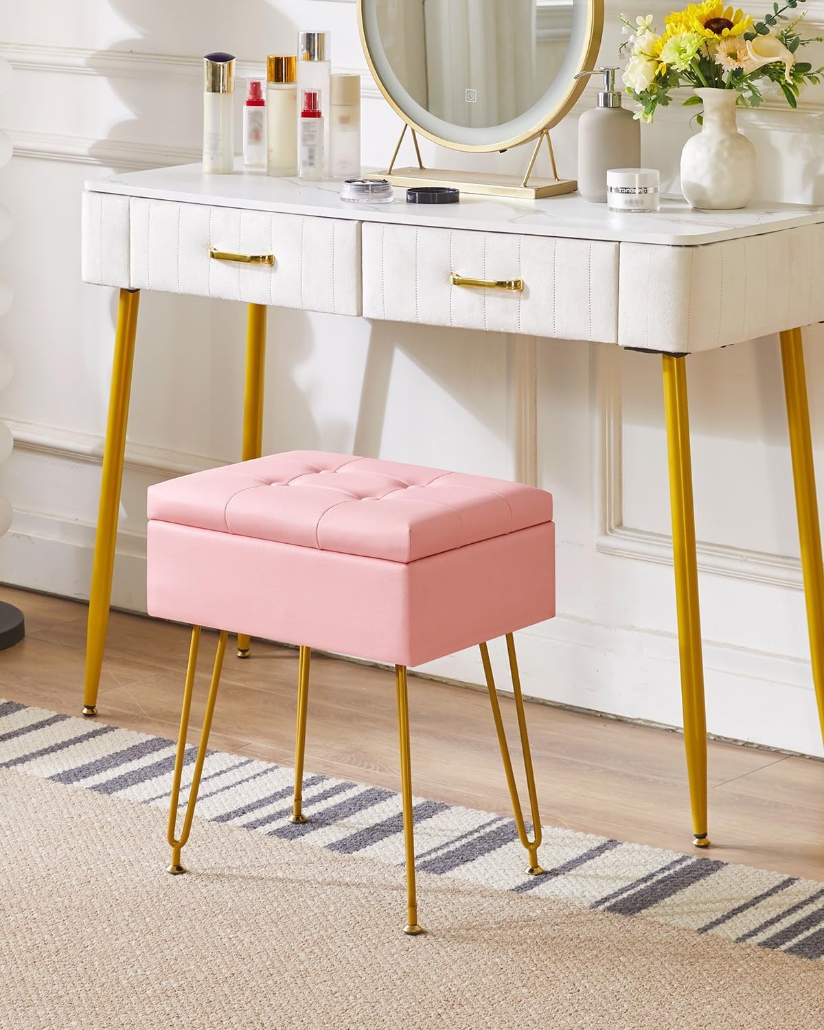 Multifunctional Storage Vanity Stool W/ Flip Tabletop Adjustable Metal Legs & PU