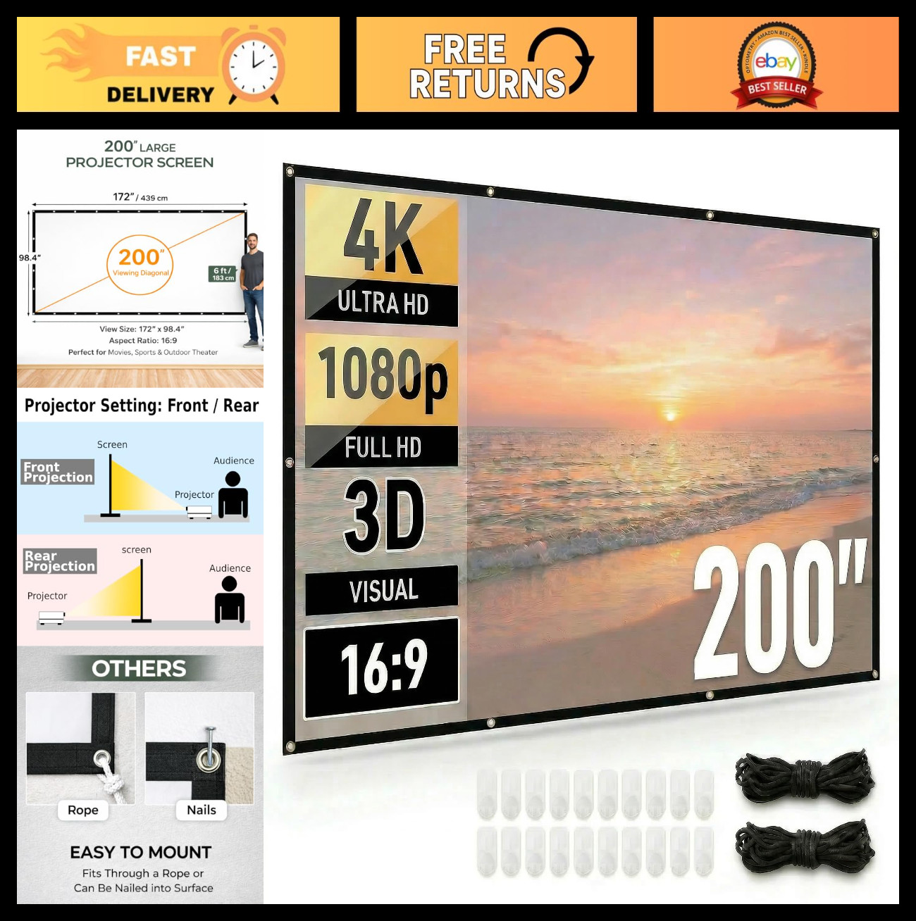 200" Portable Projector Screen - 4K Full HD 3D, Double-Sided, Indoor/Outdoor, Fo