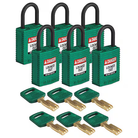 Brady Cpt-Grn-25Pl-Ka6pk Lockout Padlock, Keyed Alike, Nylon, Green, 1 In