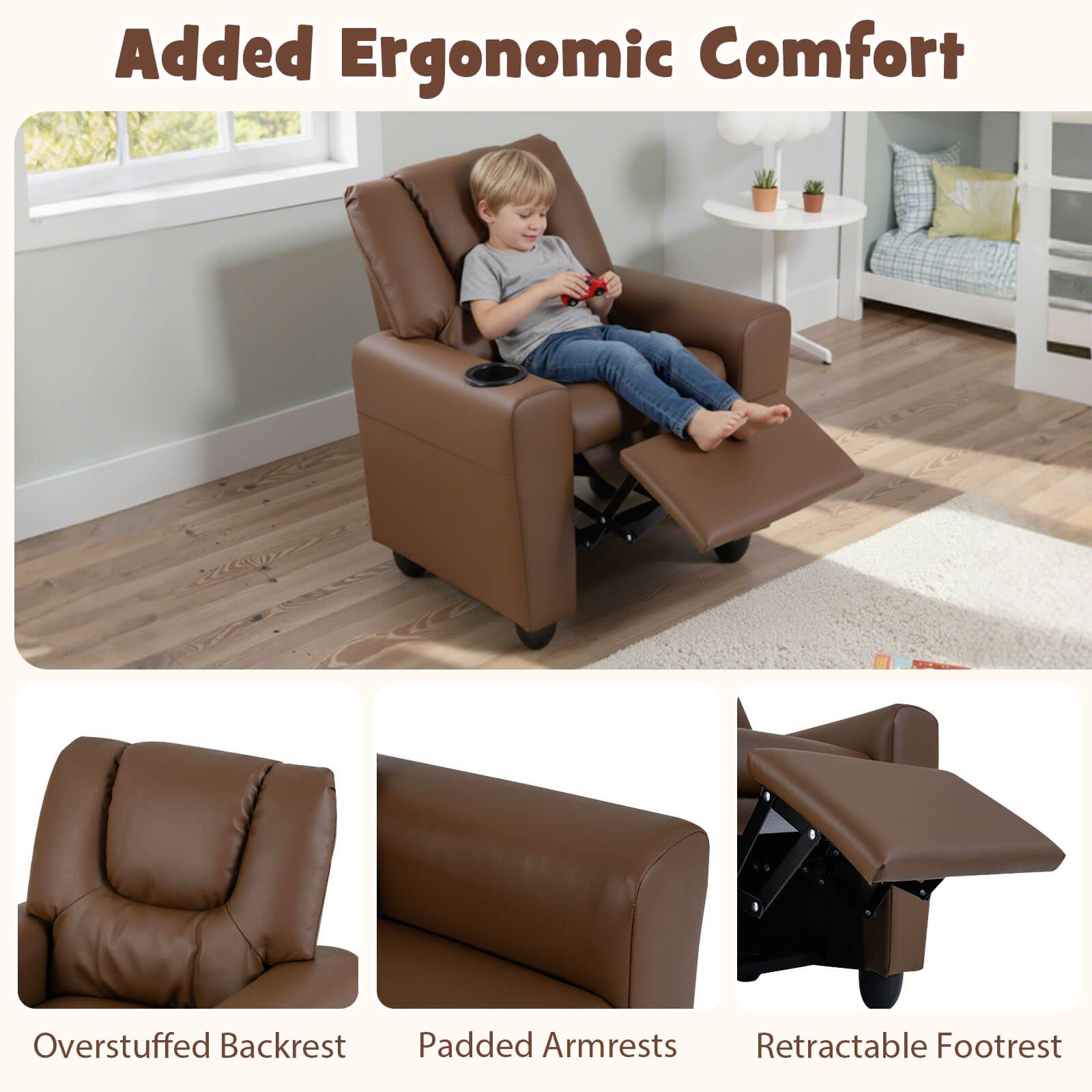 Kids Recliner w/Cup Holder Adjustable Backrest & Footrest for Boys & Girls