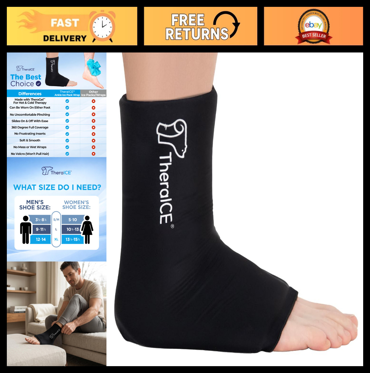 Ankle Ice Pack Wrap for Swelling Relief, Cold Therapy Compression Sleeve for Pla