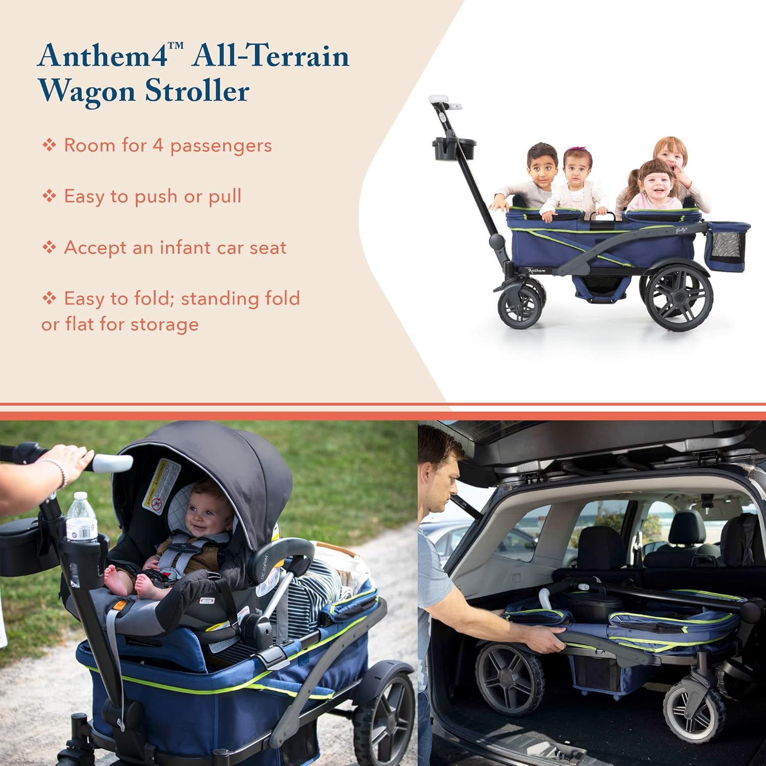 Anthem4 Quad All-Terrain Wagon Stroller with Easy Push and Pull, Removable XL Ca