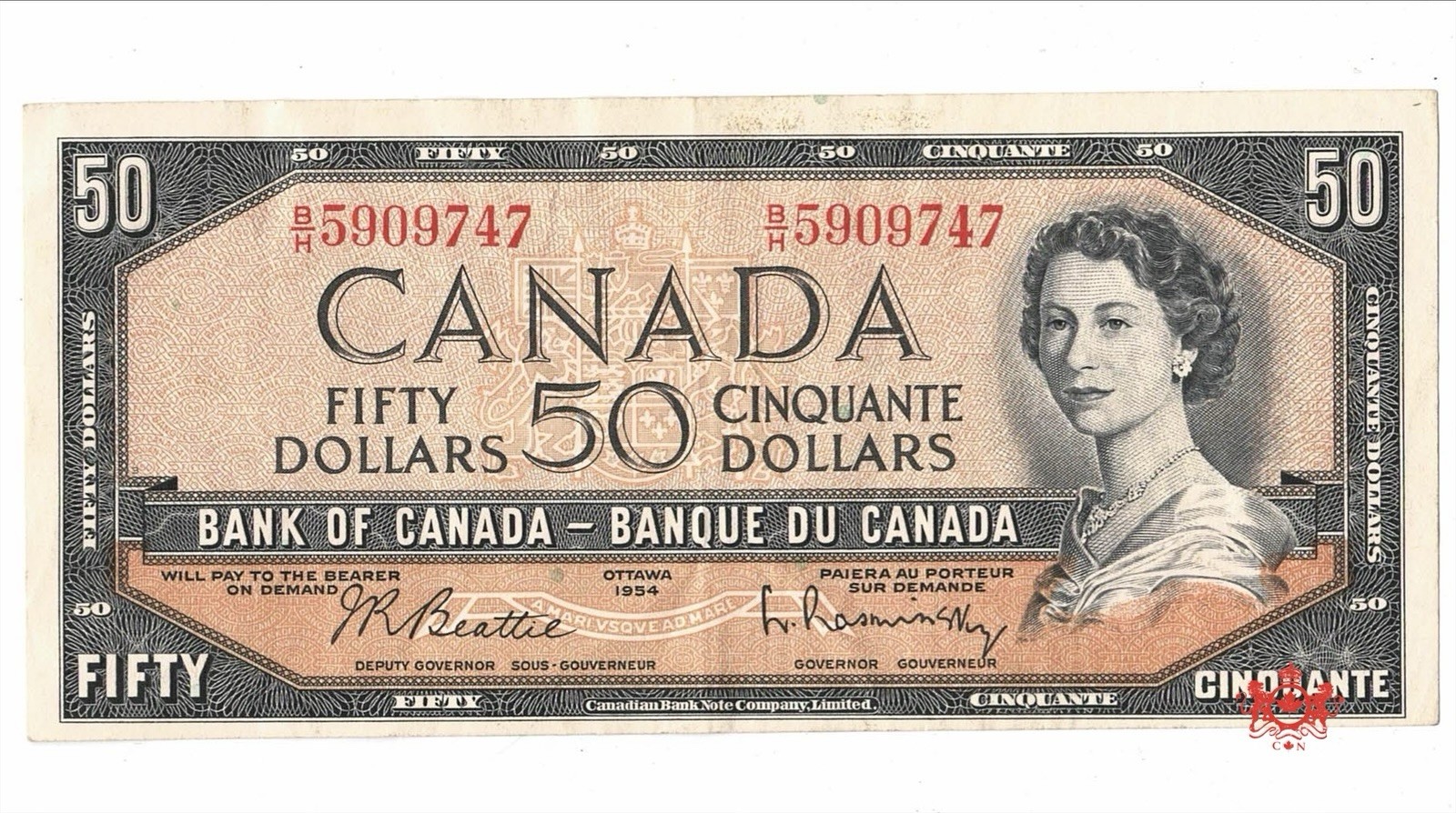 1954 Bank Of Canada 50$ Modified Beattie/Rasminsky B/H5909747 - VF - BC-42b