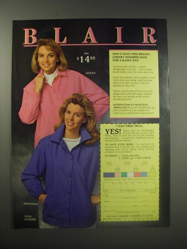 1990 Blair Windbreaker Ad - bright, cheery