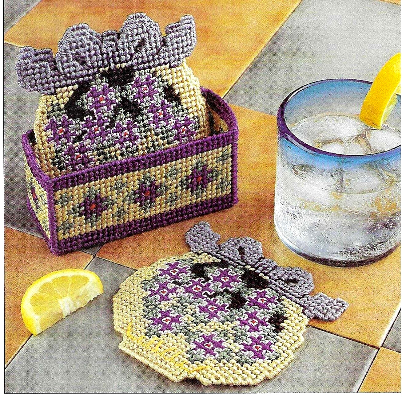 BASKETS OF VIOLETS COASTERS + HOME SWEET HOME BASKET   -   PLASTIC CANVAS PATTS