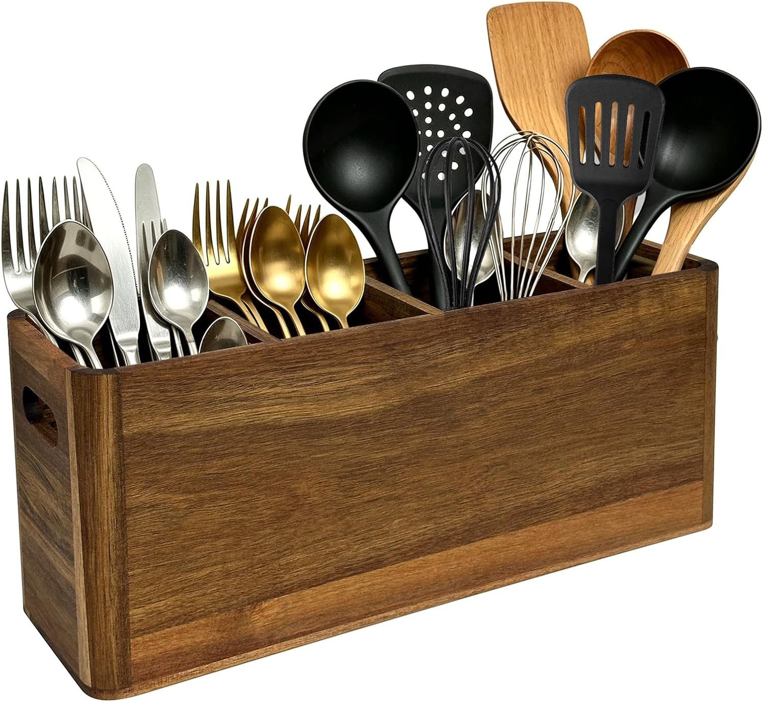 Wooden Utensil Holder, 4 Compartment Extra Large Utensil Holder | Kitchen Counte
