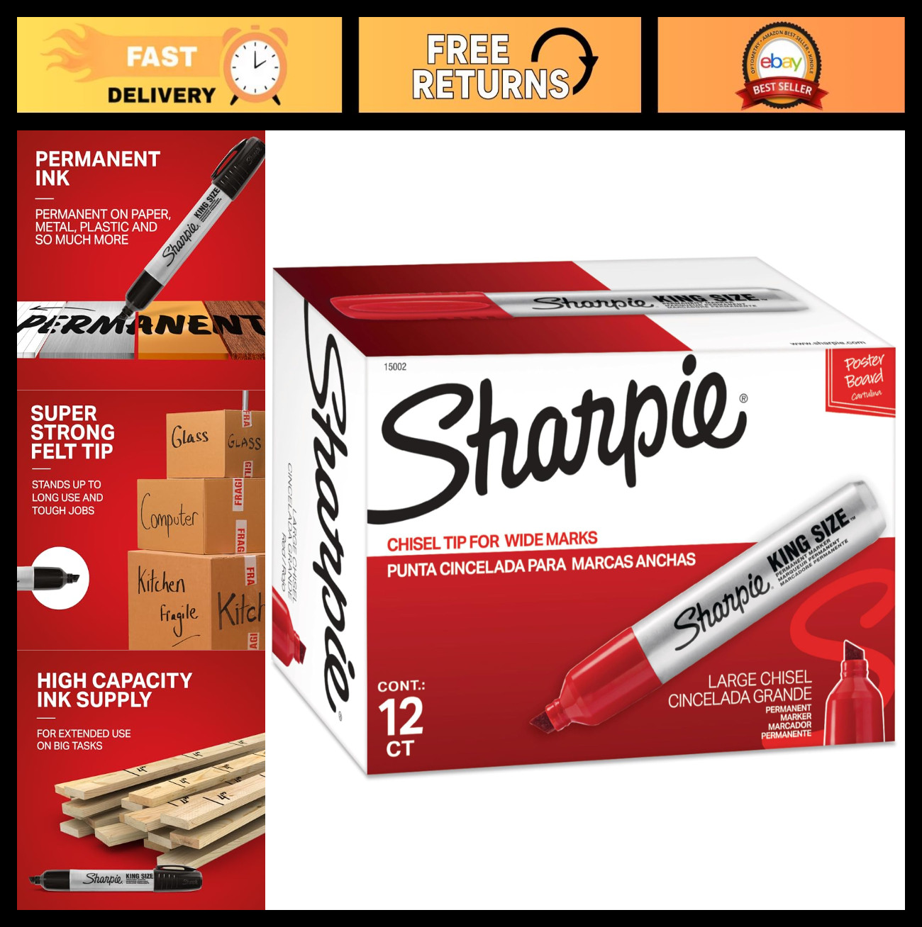 Large Red Permanent Markers, King Size Chisel Tip, 12 Count - Office & School Su