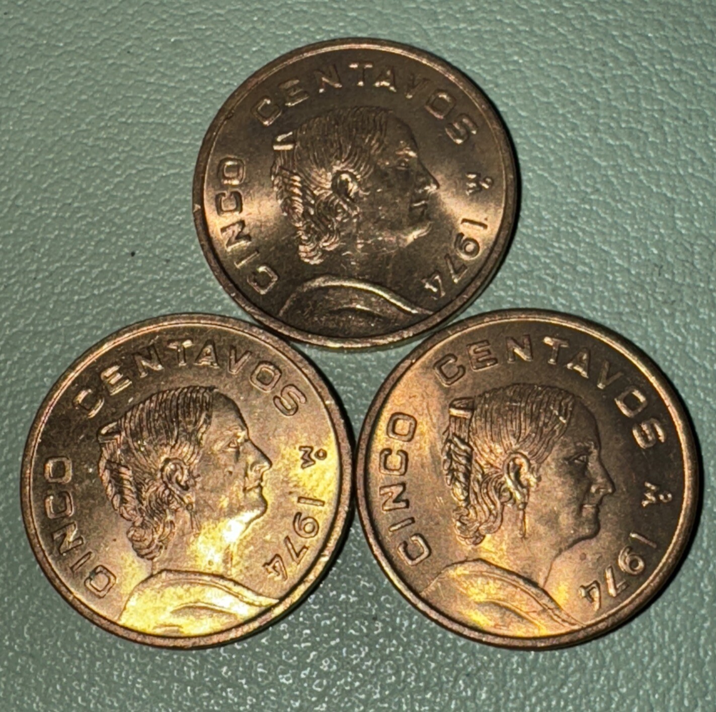 Lot of 3, Mexico 1974 5 Centavos KM#427 Brass Josefa Ortiz de Domínguez, BU Red