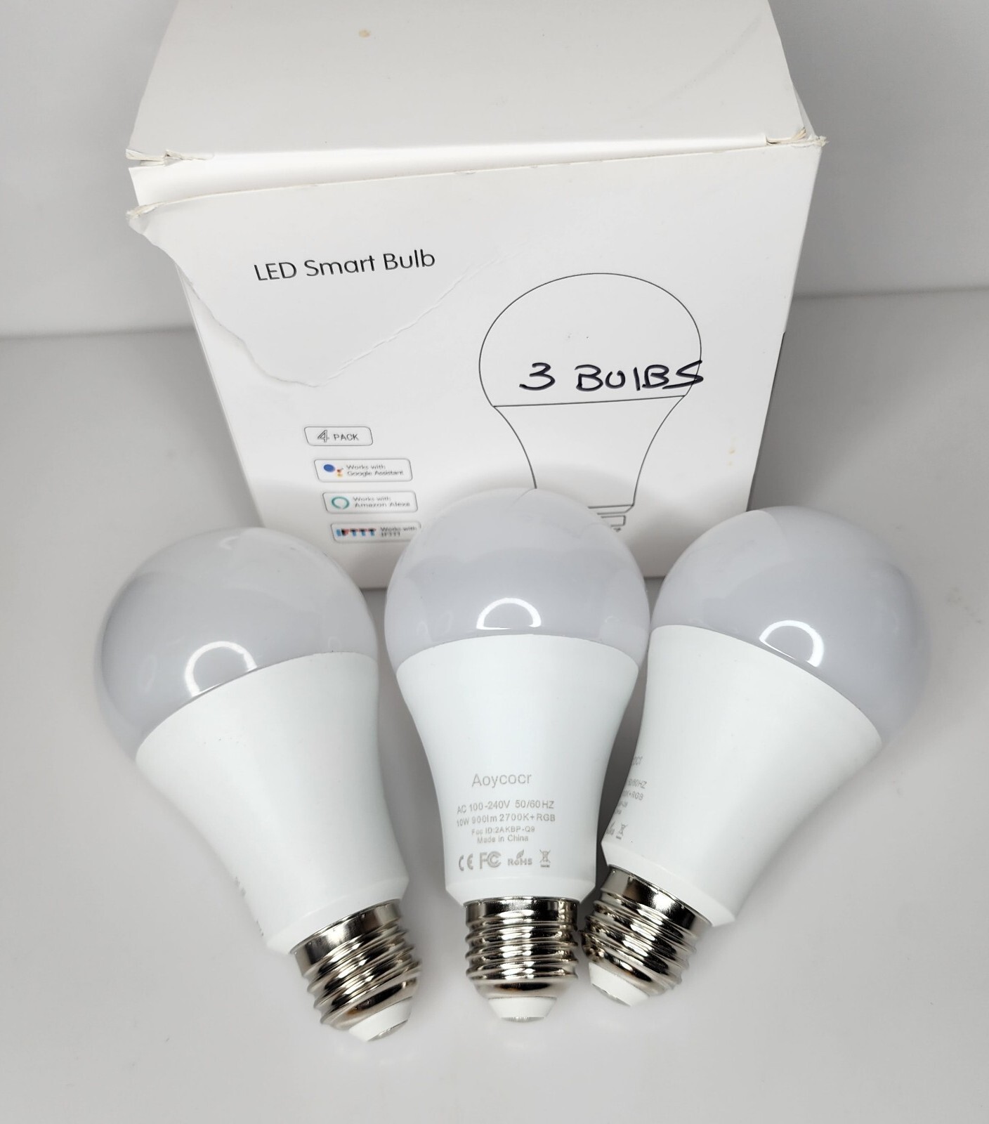 3 Pack Aoycocr RGBW LED Smart Bulb, works with Google Assistant Alexa Voice