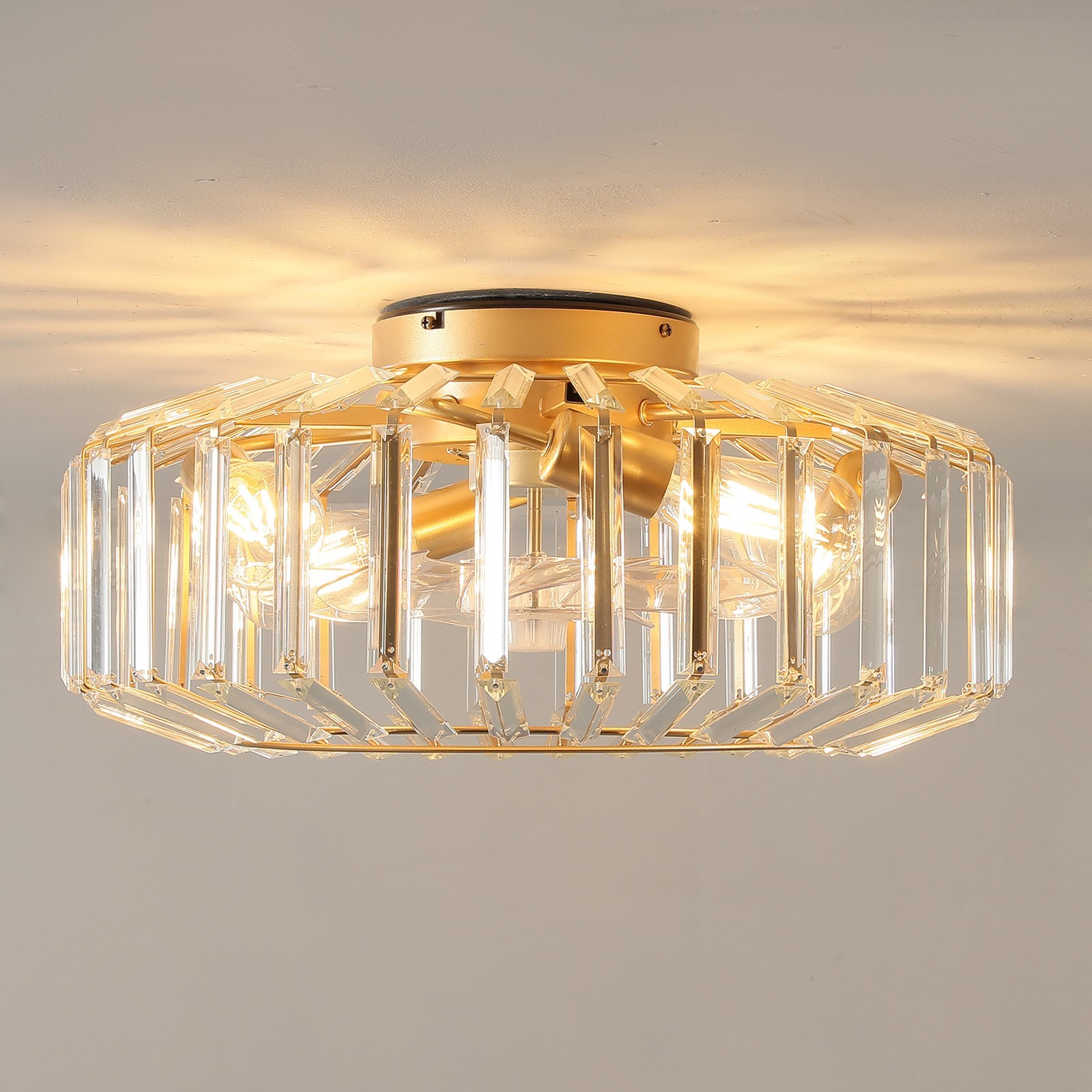 20" Modern Crystal Ceiling Fan with Light, Caged Flush Mount Ceiling Fan