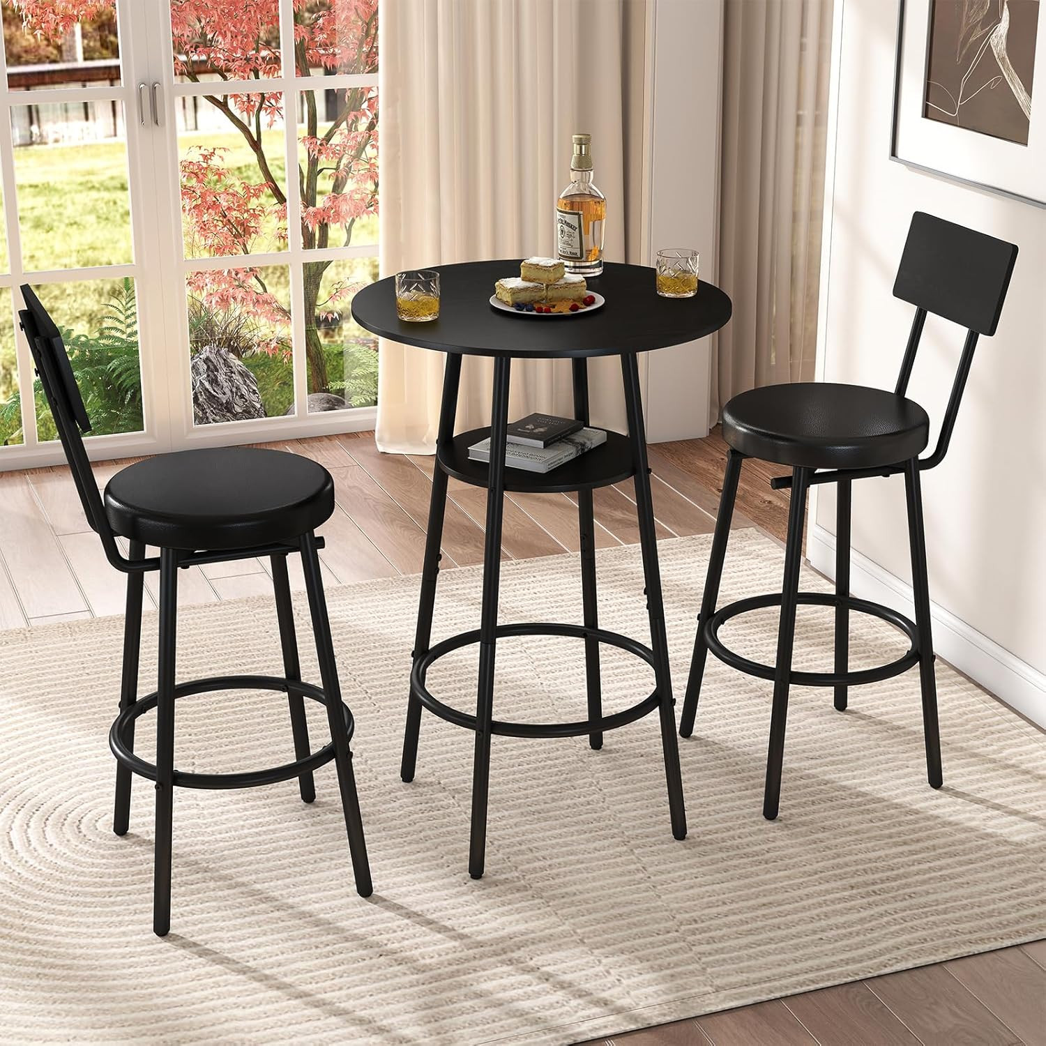 3 Pieces round Bar Table Set, Small Dining Table for 2, Black Kitchen Bar Table,