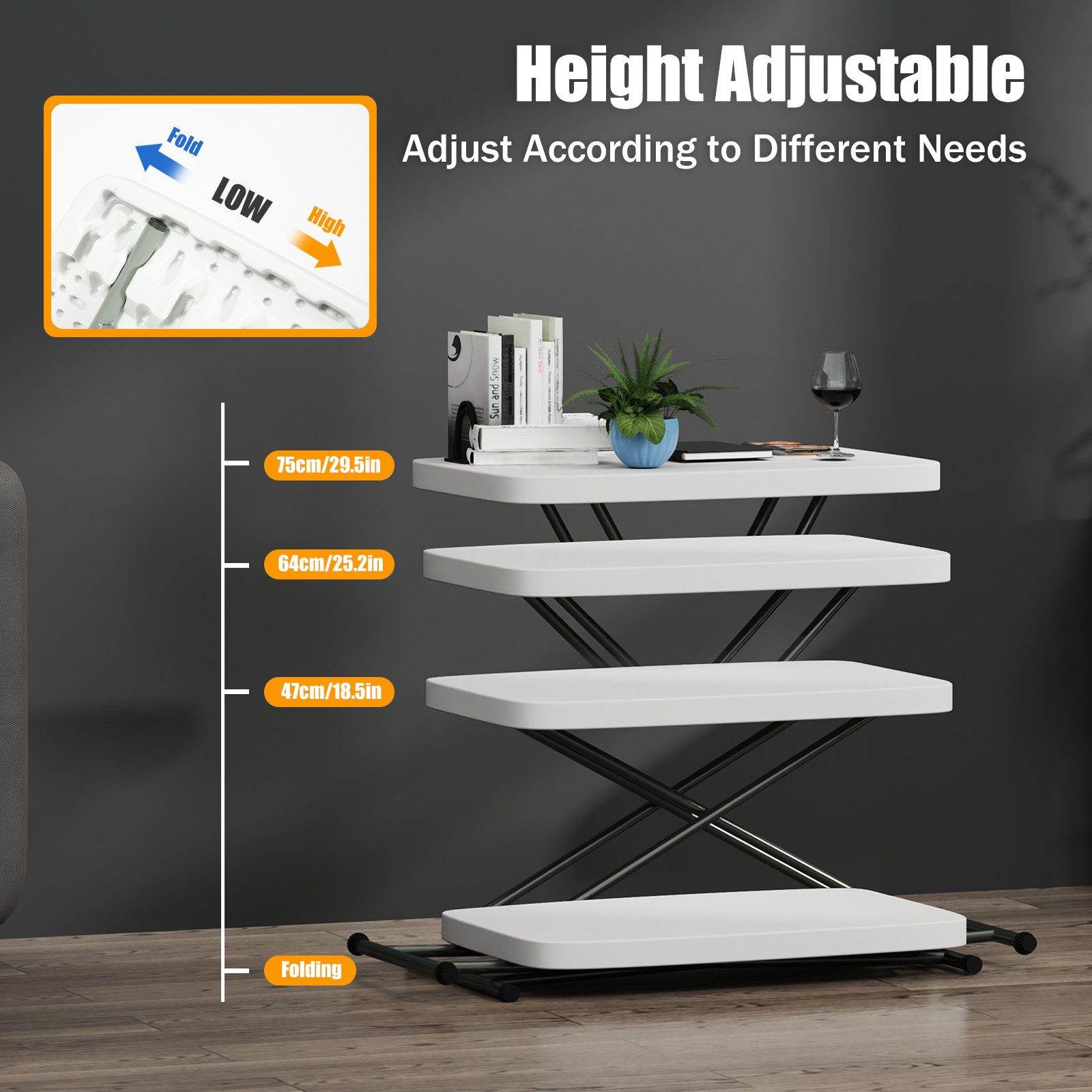 20x30" White Folding Table Portable and Adjustable Small Table