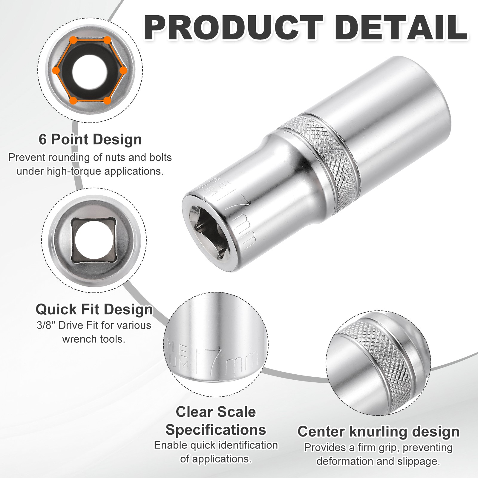 3pcs 6 Points Deep Socket 3/8" Drive 17mm Nickel Plating Impact Socket 2.5" Long