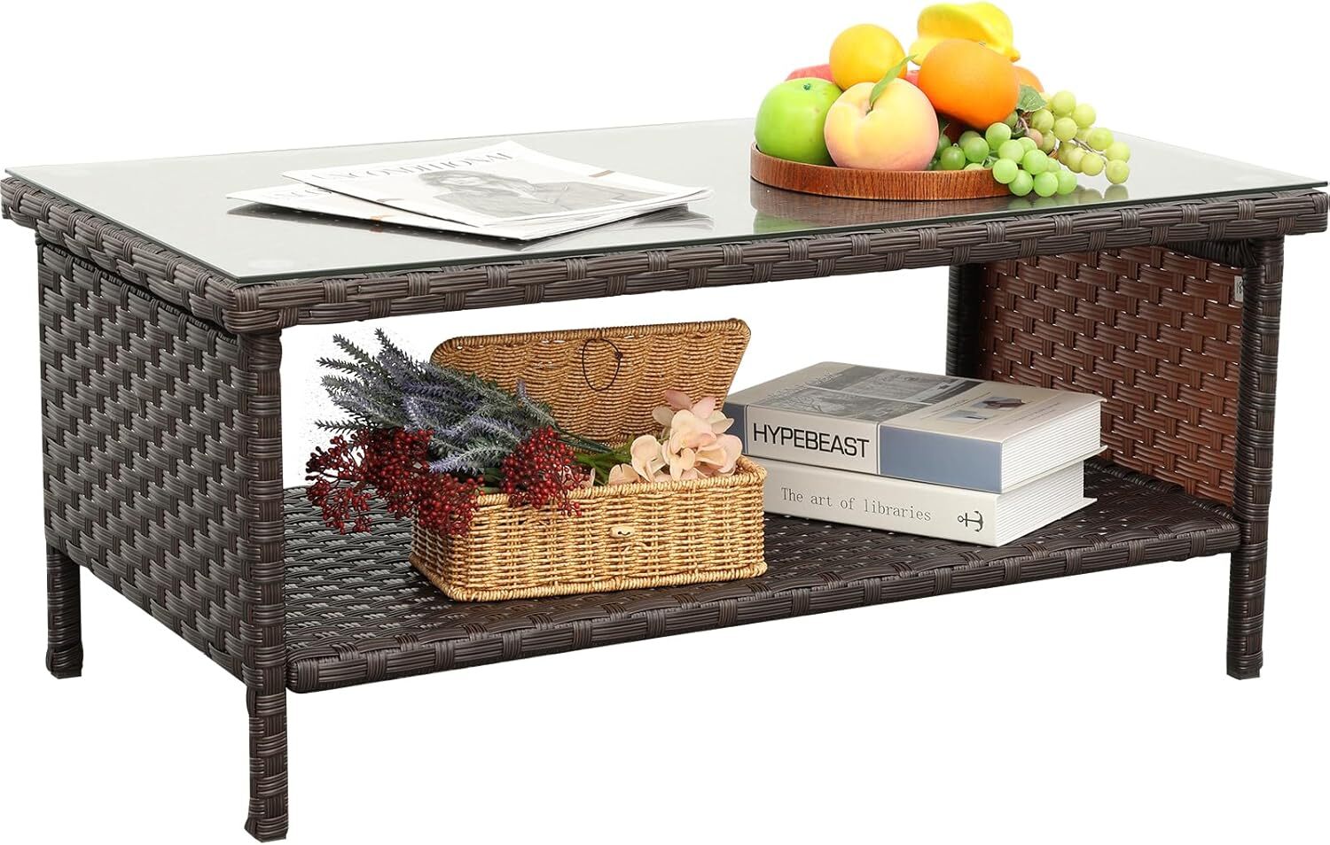 Outdoor Wicker Coffee Table  Garden Rattan 2-Layer Glass Table , Brown