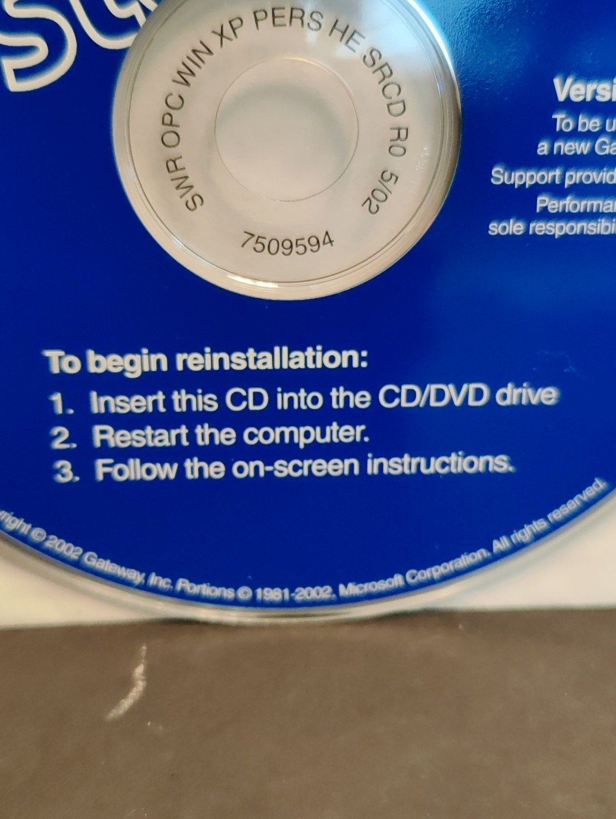 Gateway Windows XP Home Edition Operating System Reinstall CD Version 1.0 -5/02