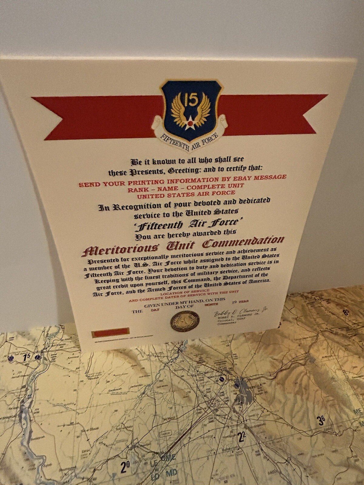 U.S. AIR FORCE / 15TH AIR FORCE - MERITORIOUS UNIT COMMENDATION CERTIFICATE