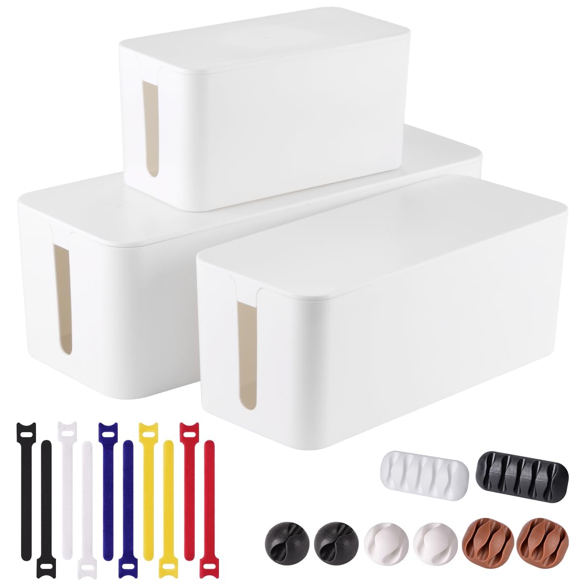 3 Pack Cable Management Box with 18 PCS Set - Large & Medium Small Organizer to