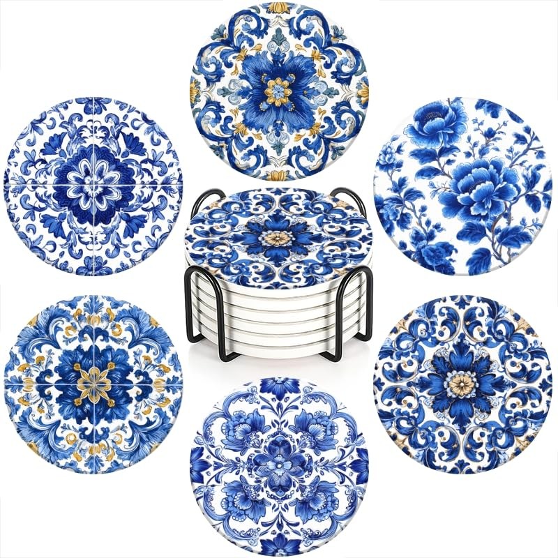 Drink Coasters Set of 6 with Holder Blue and White Porcelain 4in/10cm Color-3