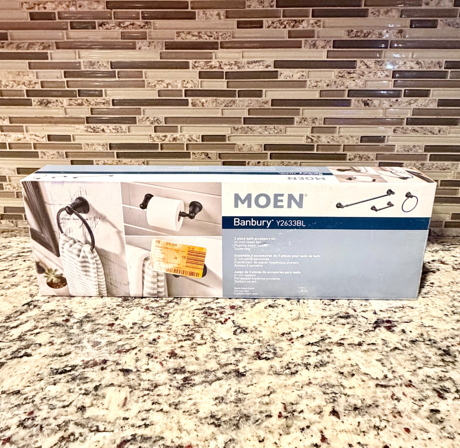 MOEN Banbury Bath Hardware Set w/ Towel Bar, Ring, Paper Holder in Matte Black