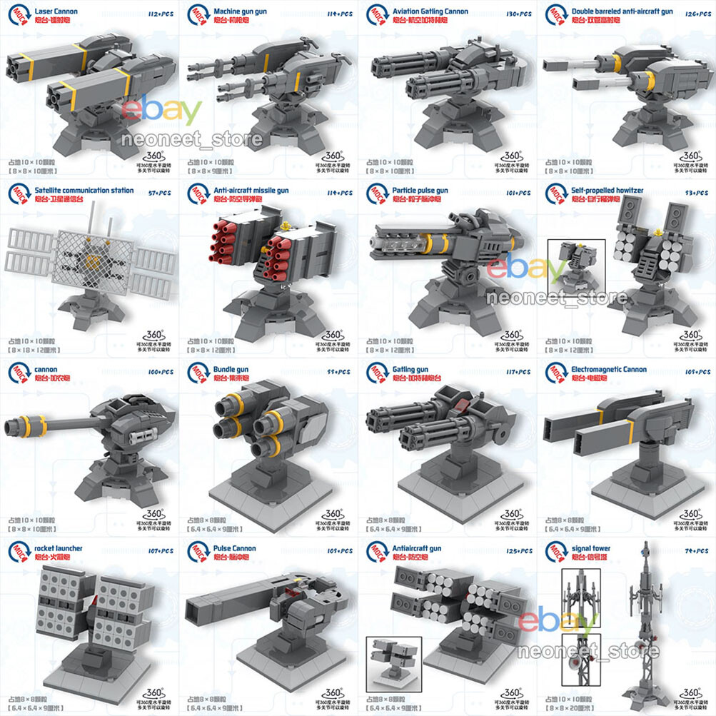 MOC Military Missile Rocket Gatlin Cannon Railgun Fort Turret Radar Base Set DIY