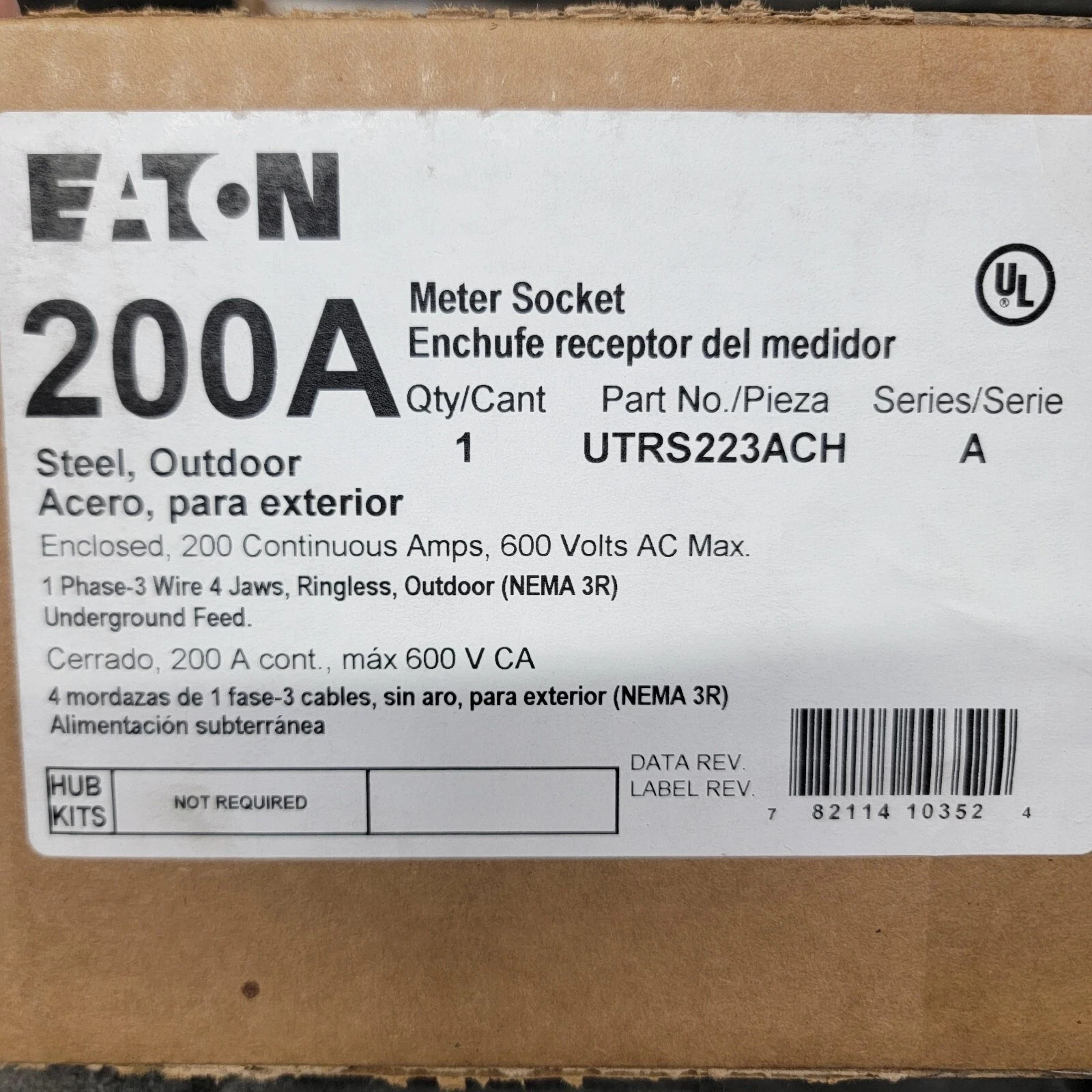 NEW Eaton 200 Amp Underground Meter Socket UTRS223ACH 4 Jaws - Ringless