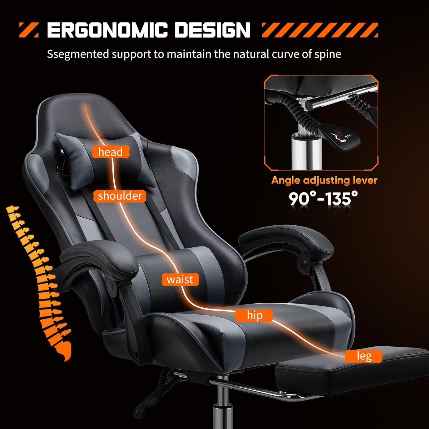 Video Game Desk Chair - Ergonomic Computer with Footrest and Comfy Lumbar Suppor