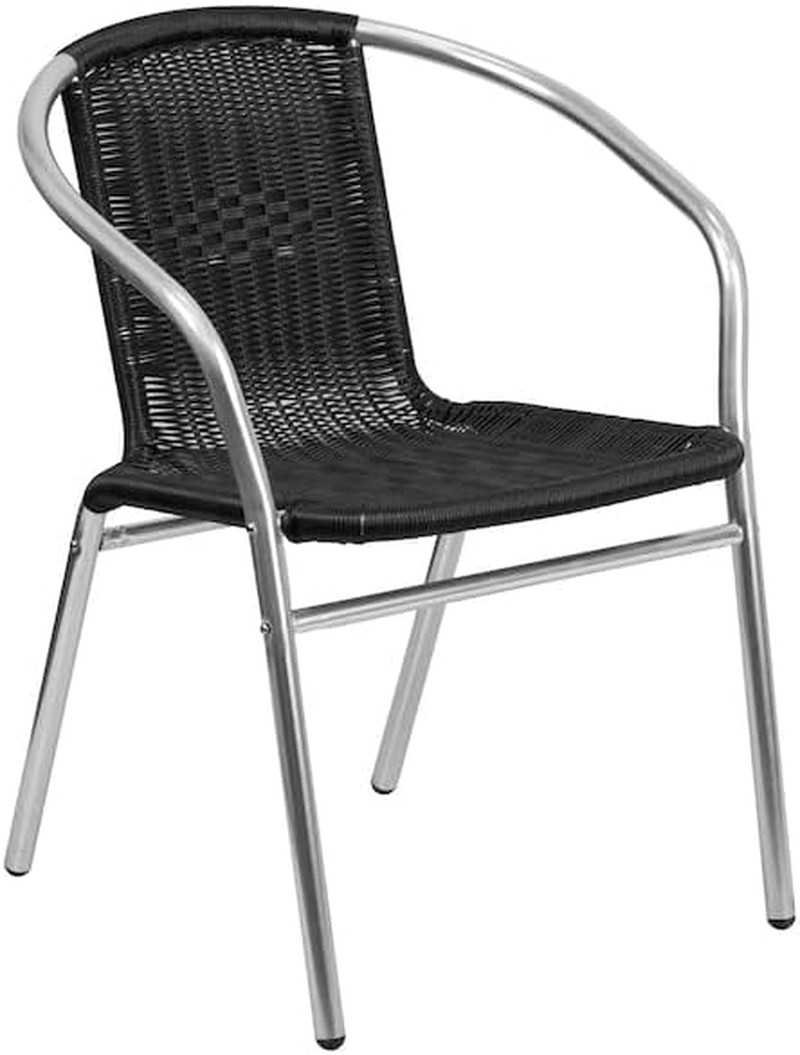 Commercial Aluminum and Black Rattan Indoor-Outdoor Restaurant Stack Chair