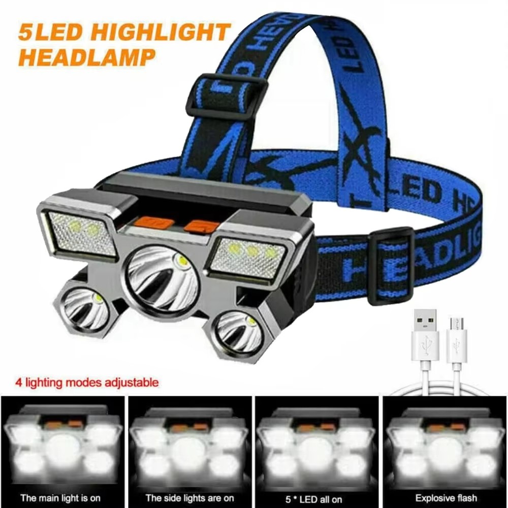 5 Leds Super Bright LED Headlights, USB Rechargeable Portable 4 Modes