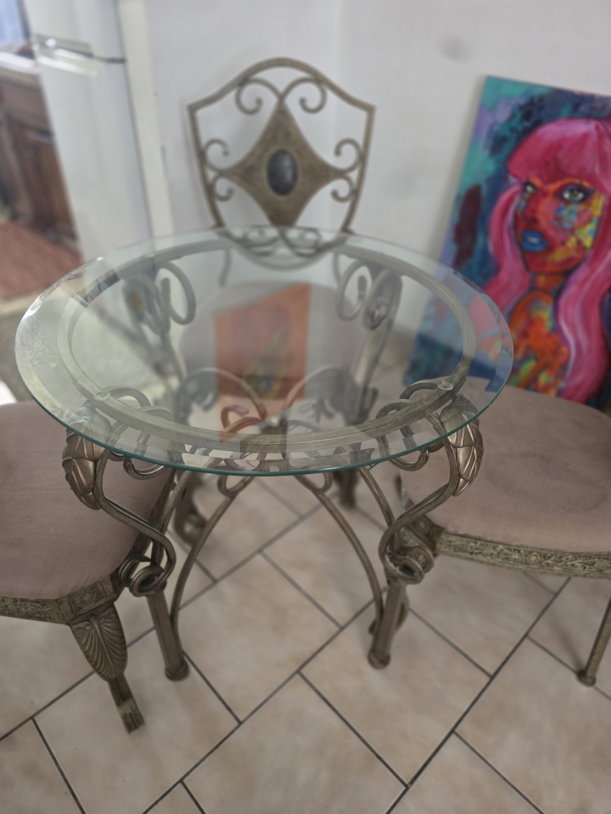3-Piece Round Glass Top Dining Set Metal Table with 2 Chairs Gold Beige