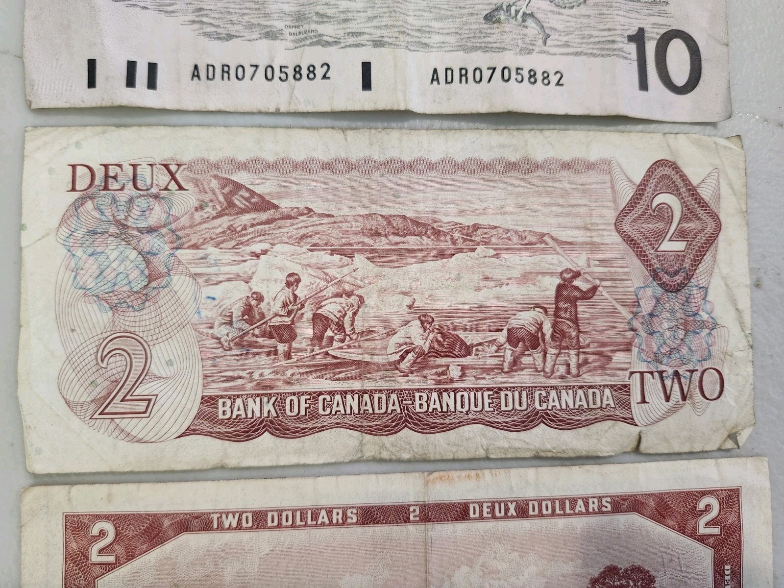 3 NOTES - 1954 1974 1989 Canada 2- $2, 1- $10 banknotes