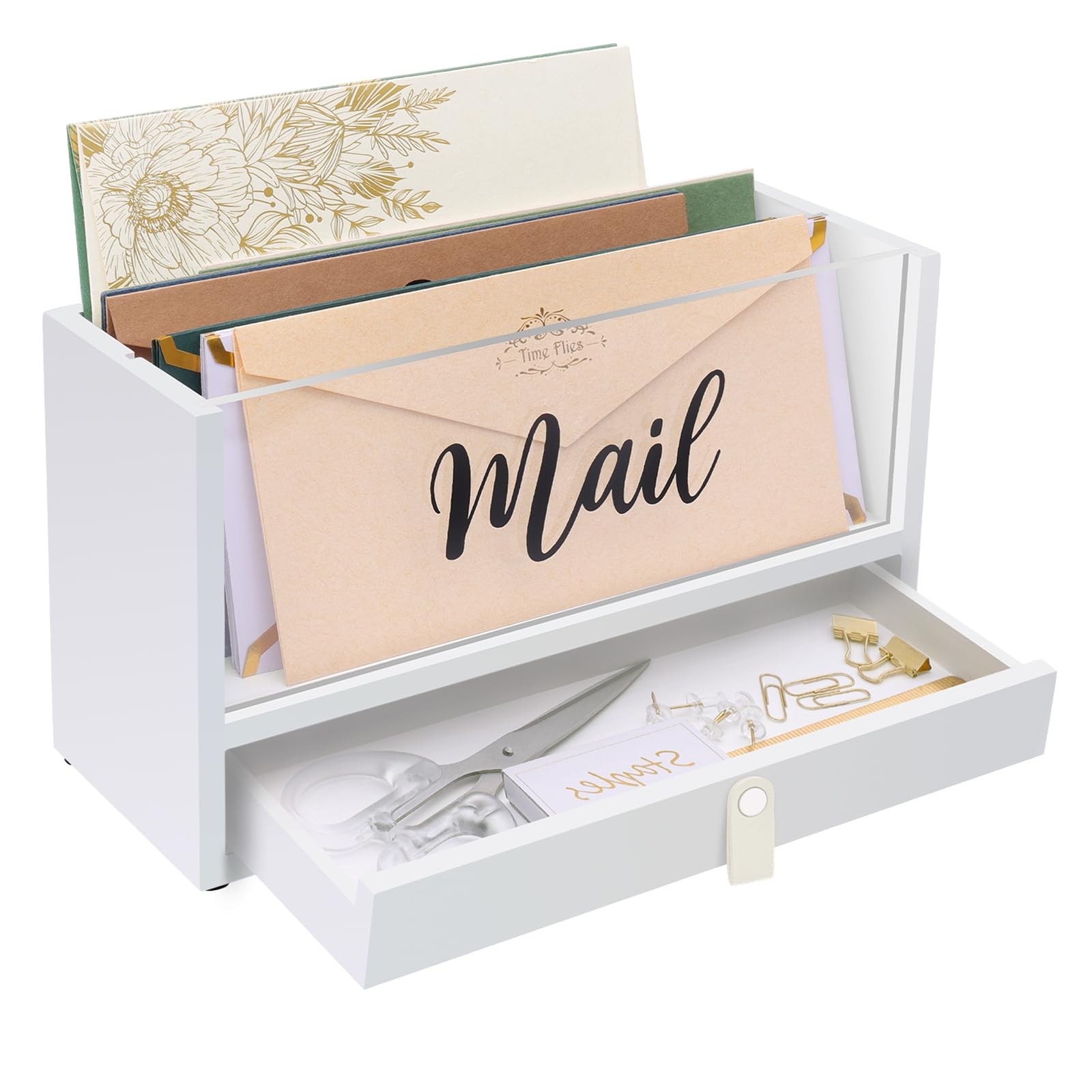 Two-Layer Solid Wooden Mail Storage Organizer Acrylic Drawer Leather Handle Gift