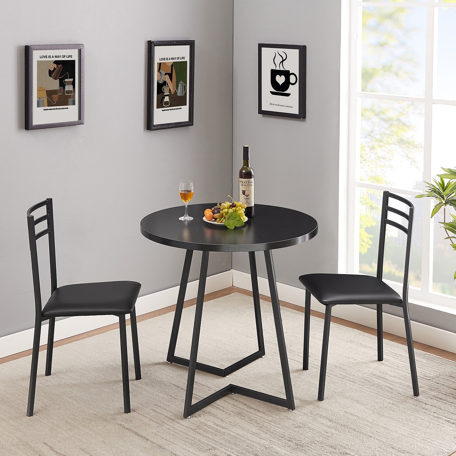 3 Piece Dining Table Set Kitchen Pub Wood Top Round Bar Dinette Table Chairs Set