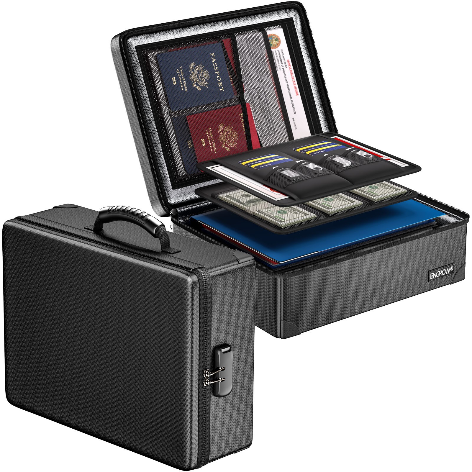 ENGPOW Fireproof Hard Shell File Box with Waterproof Zipper and Safety Lock