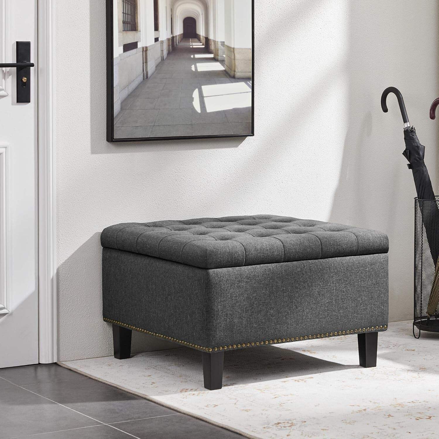 28 Inch Entryway Ottoman Bench Charcoal With Storage