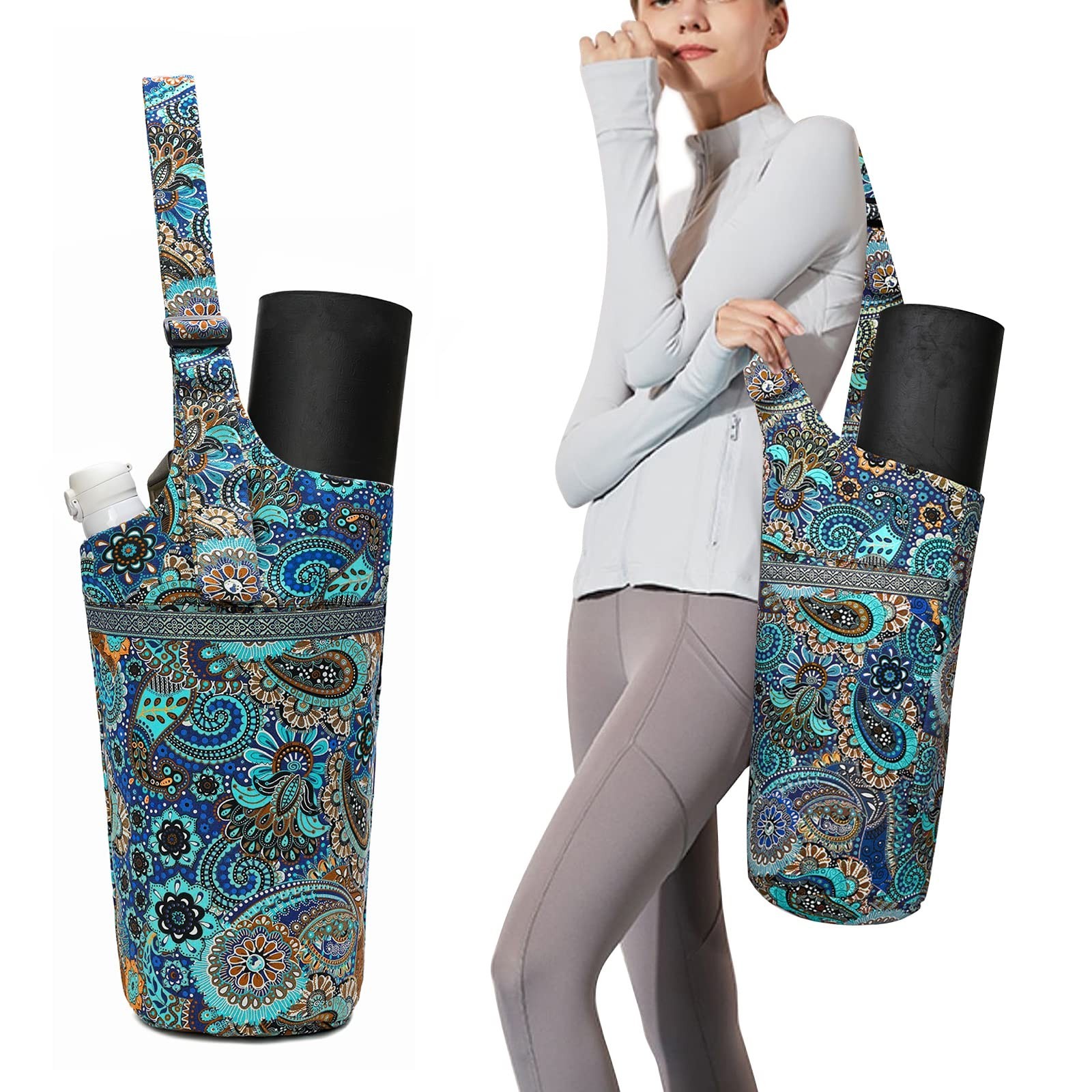 IwIeIaIrI Yoga Mat Bag Cylinder for Women with Large Zipper Pocket Blue