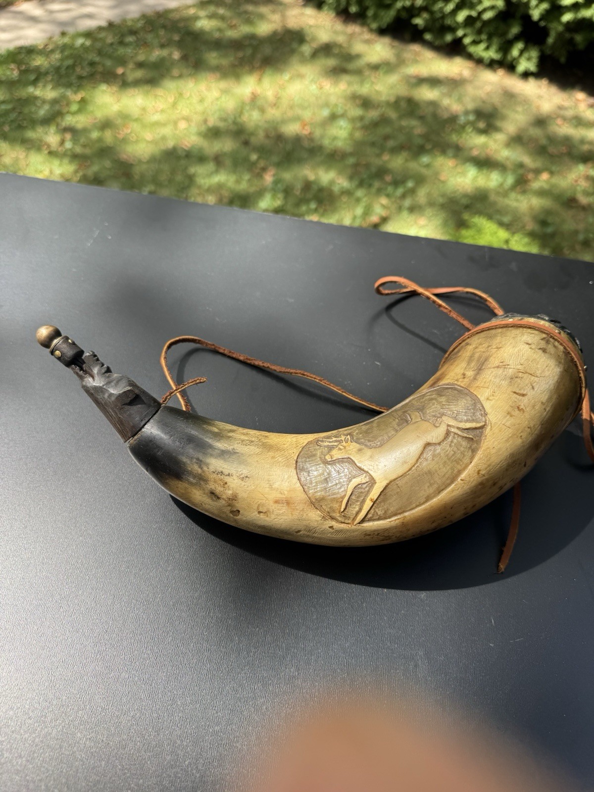 Antique Carved Powder Horn with Leather Strap