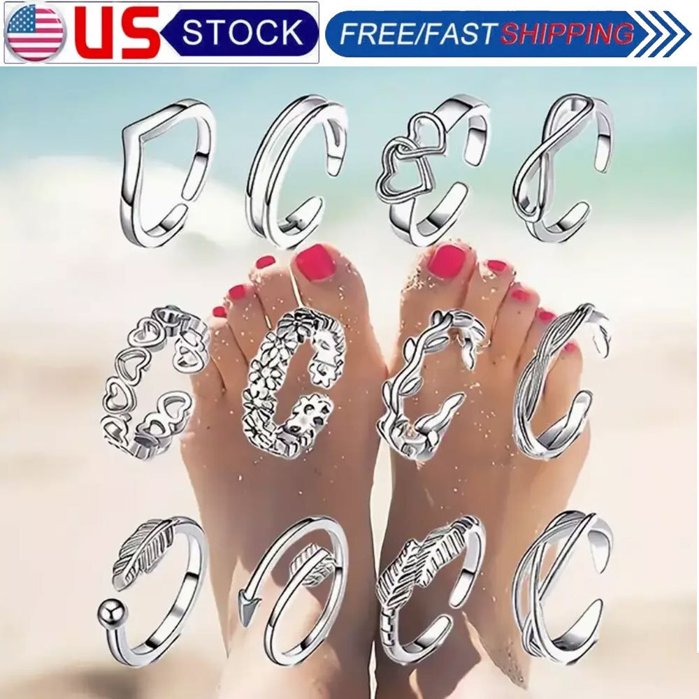 12Pcs/set Adjustable Retro Open Toe Rings Jewelry Foot Finger Charming Rings