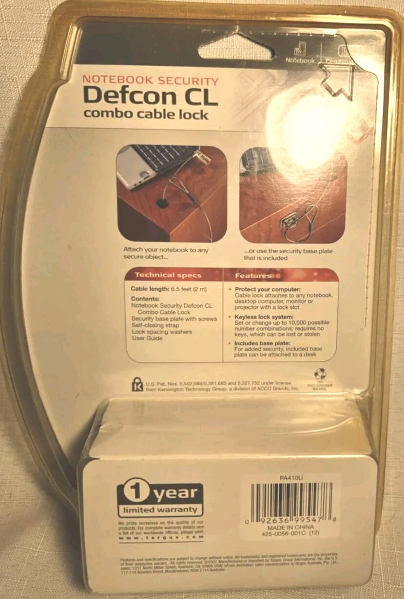 Notebook Security Defcon CL combo cable combination lock by Targus Quickly...