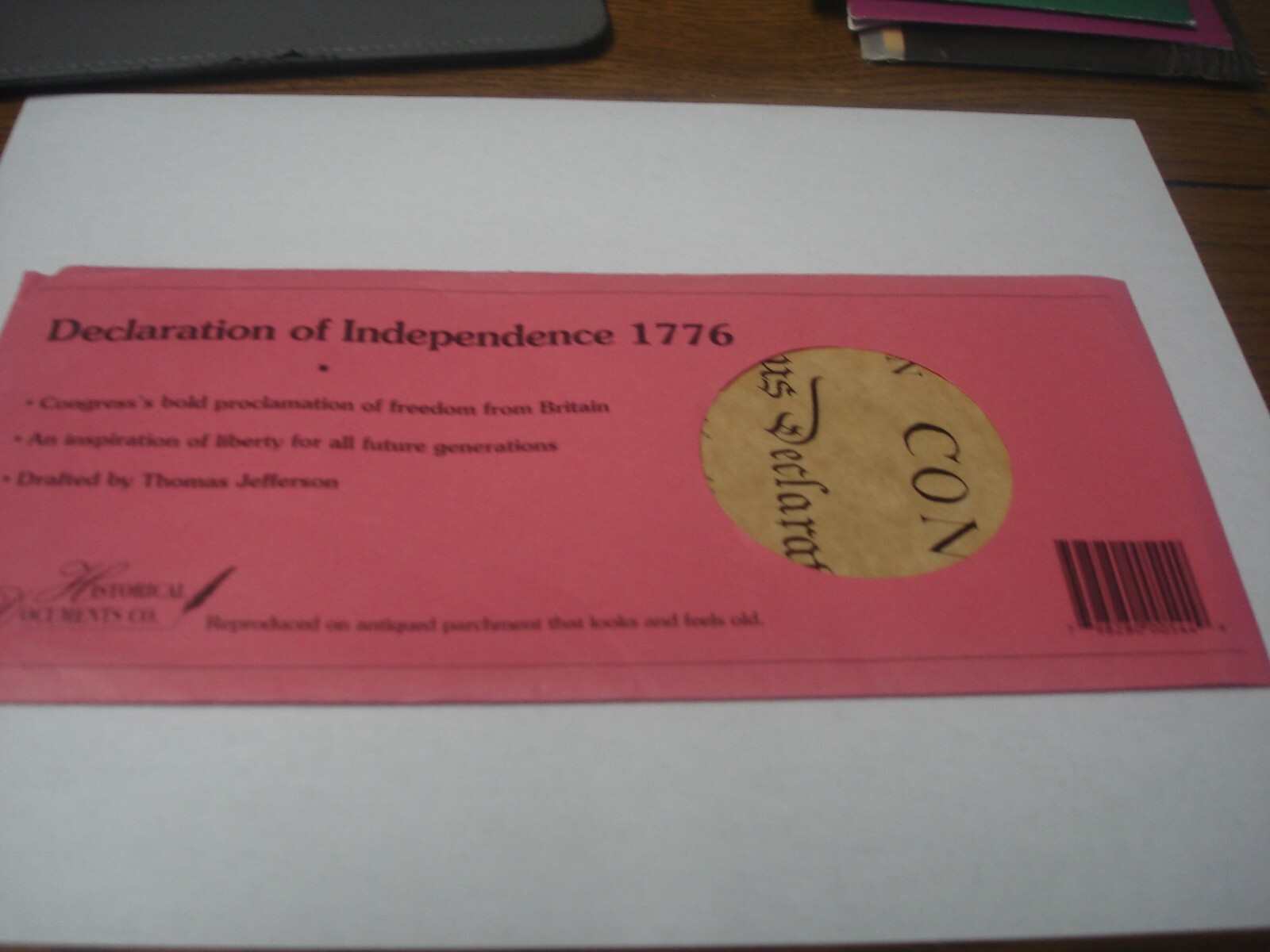 HISTORICAL DOCUMENTS DECLARATION OF INDEPENDENCE 1776 WITH ENVELOPE