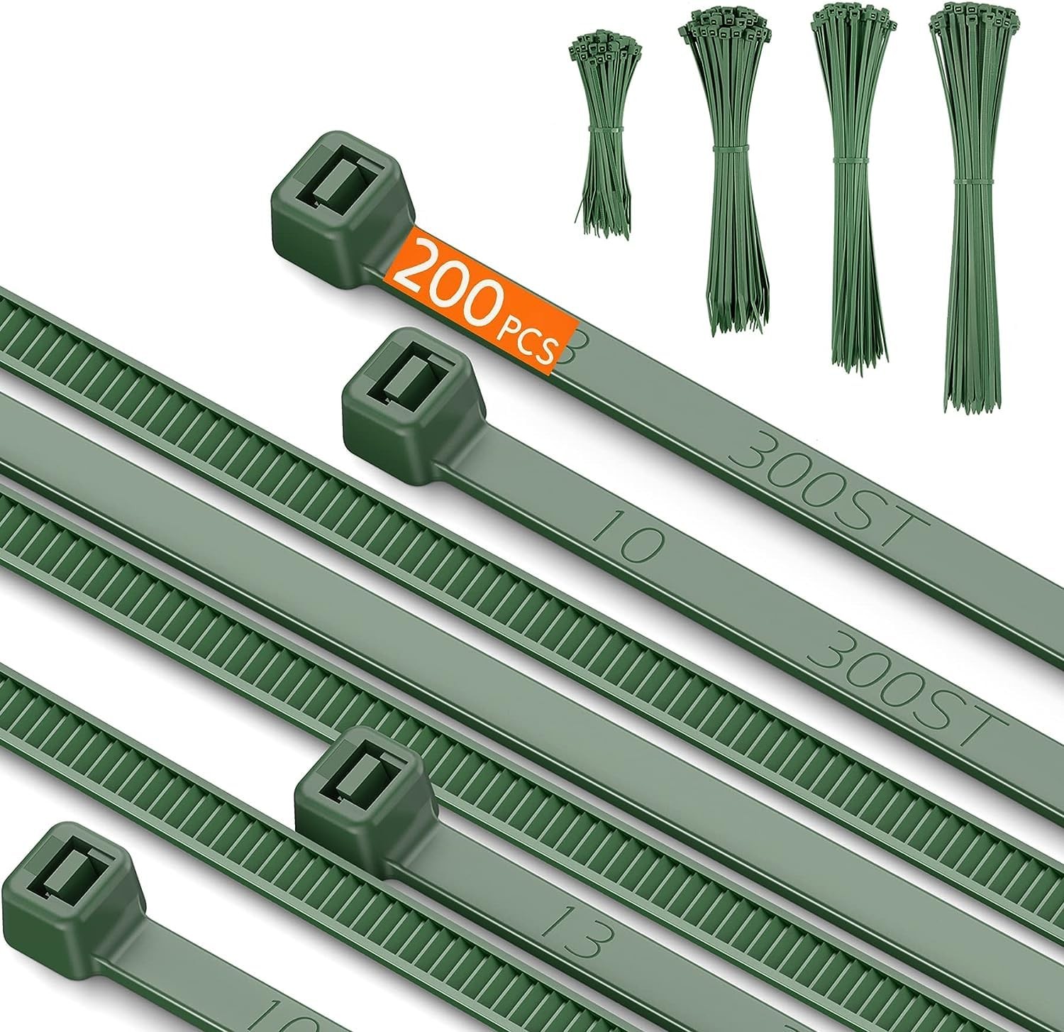 200 PCS Green Zip Ties 12+10+8+4 Inch 22-55lb Strength Nylon Cable Ties