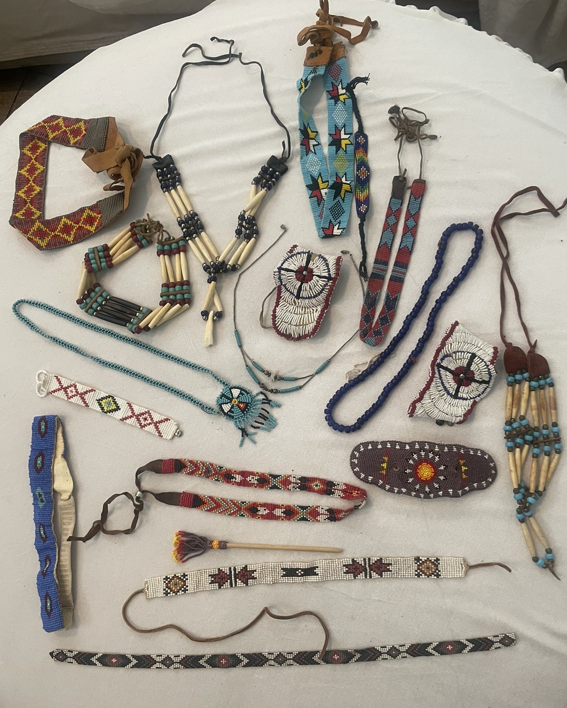 Lg Lot Beaded Leather Southwestern  Jewelry Necklace Headband Hair Tie Bracelet