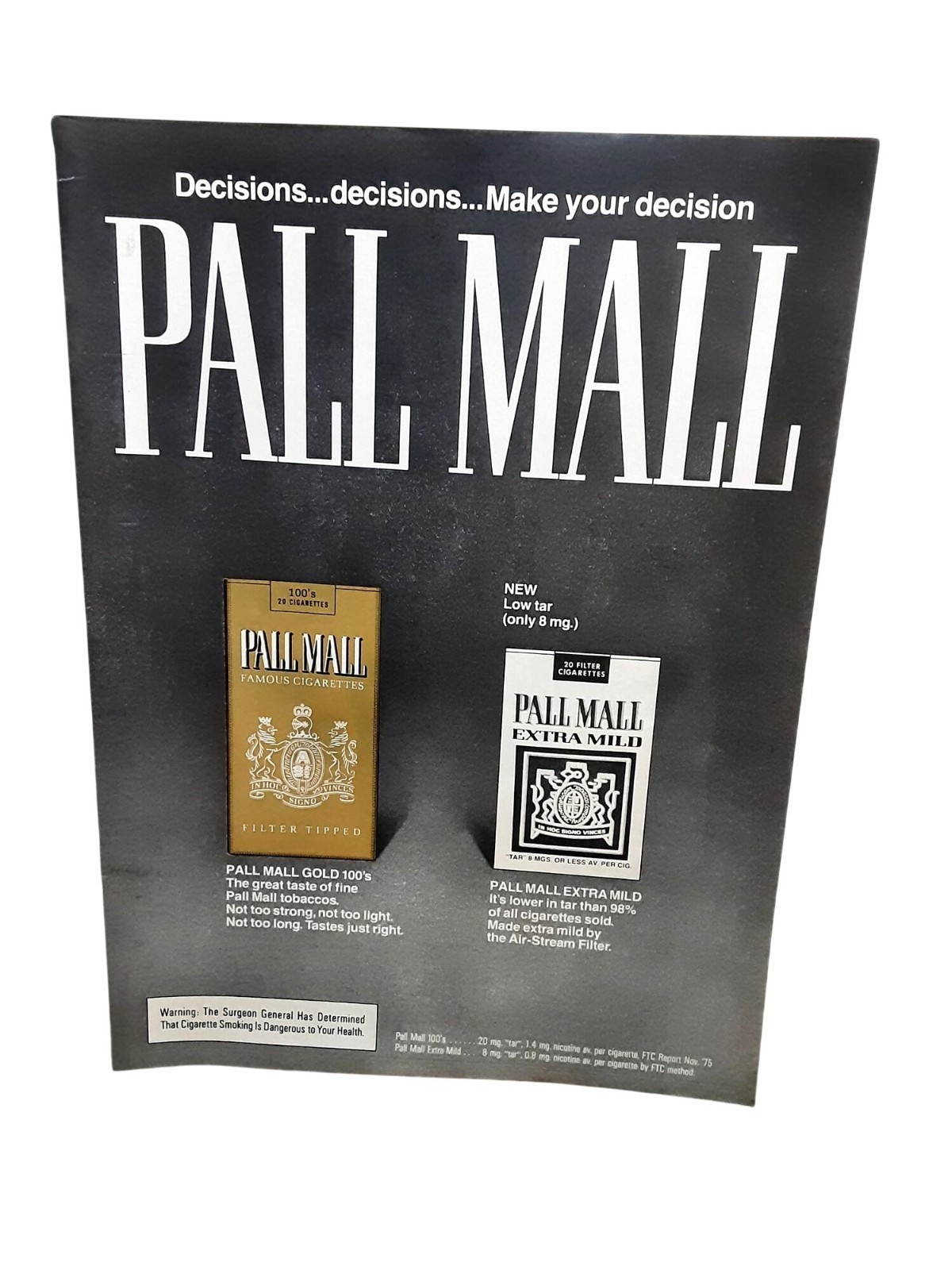 1976 Pall Mall Cigarettes Vintage Print Ad Black Background